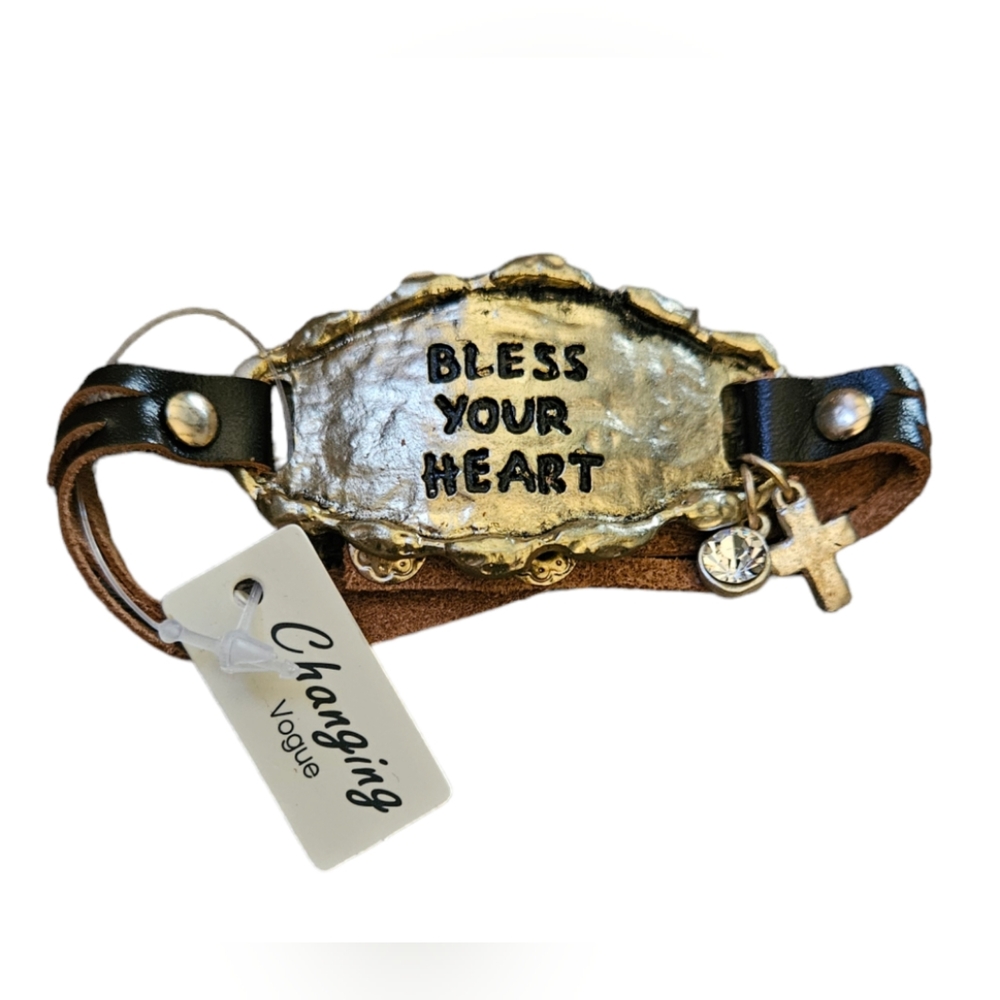 Brown Faux Leather Gold Tone Bless Your Heart Adj. Bracelet Cross Rhinestone